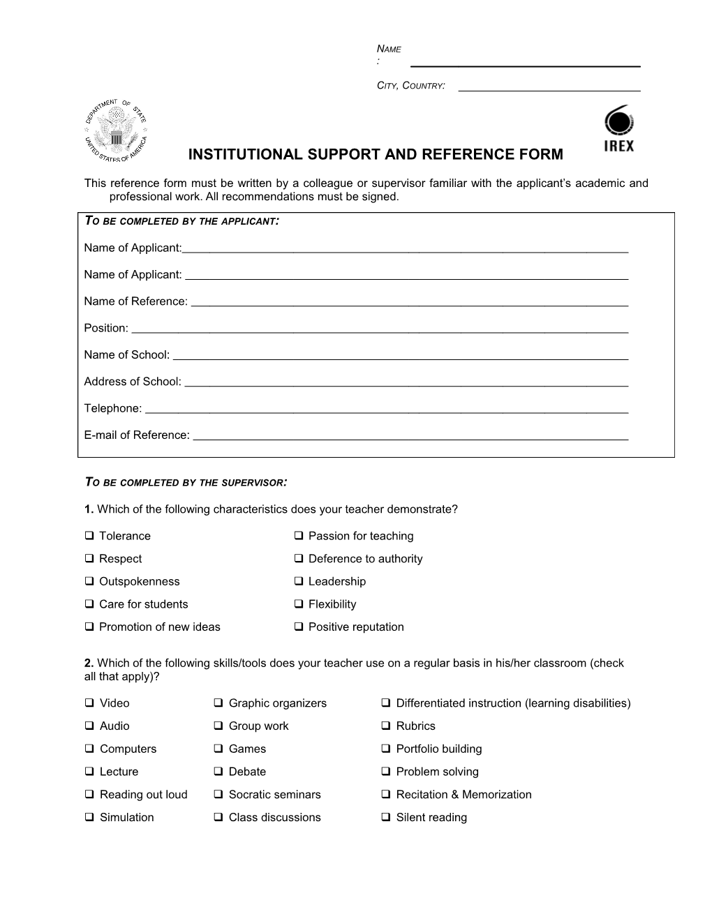 Institutional Support and Reference Form