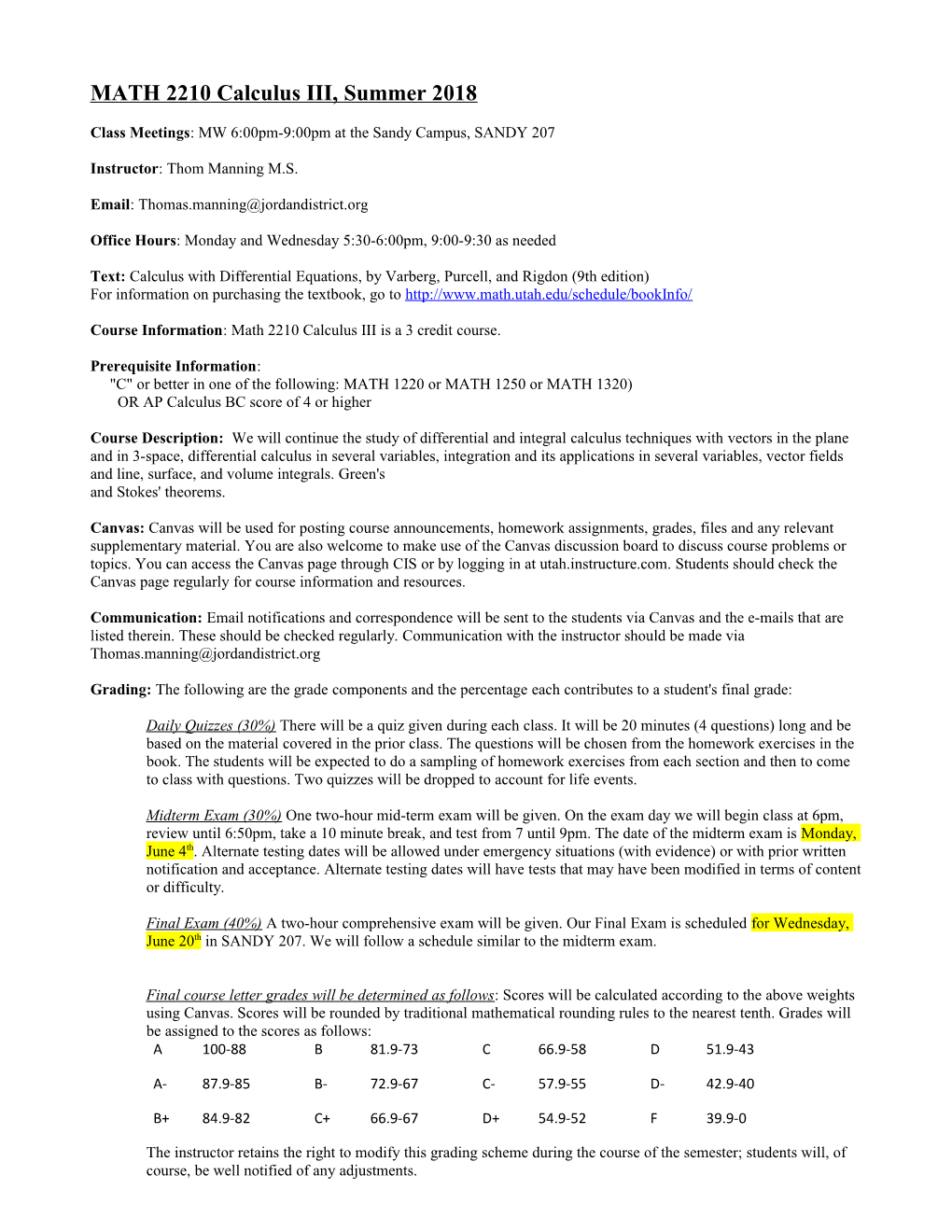 MATH 2210 Calculus III, Summer 2018