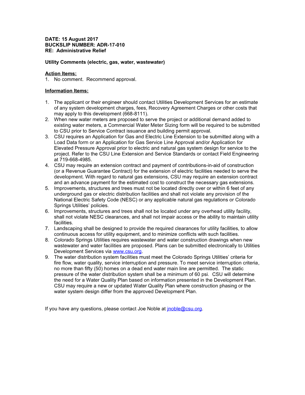 Utility Comments (Electric, Gas, Water, Wastewater)