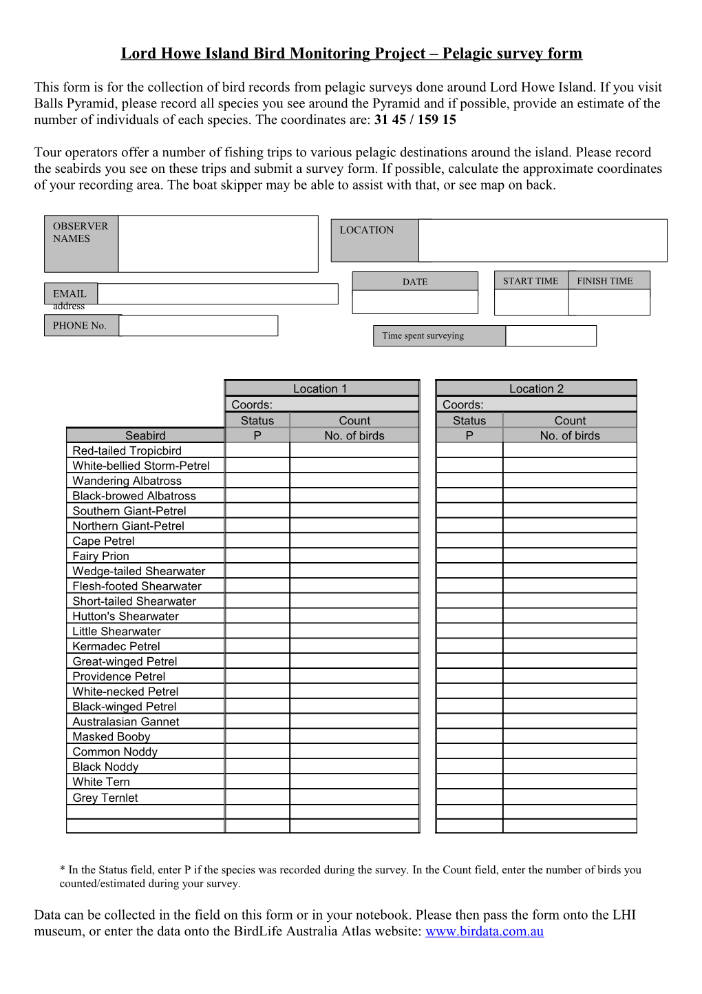 Lord Howe Island Bird Monitoring Project Pelagic Survey Form