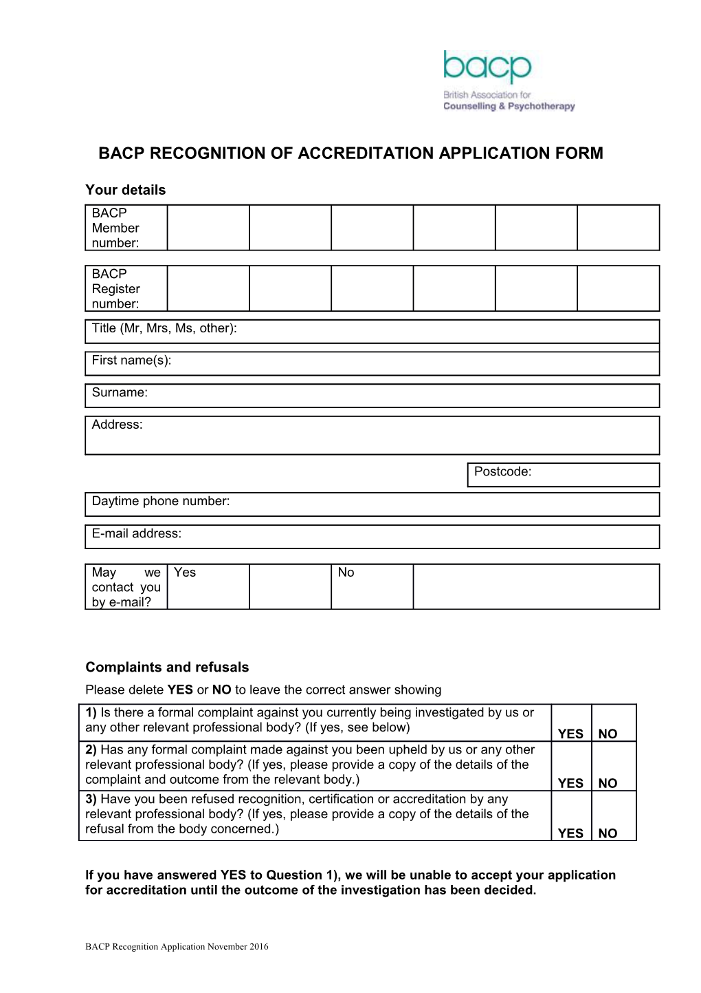 Bacp Recognition of Accreditation Application Form