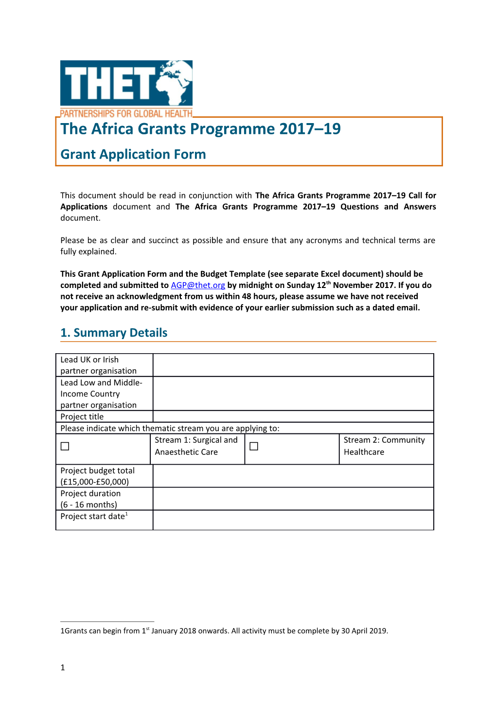 This Document Should Be Read in Conjunction with the Africa Grants Programme 2017 19 Call