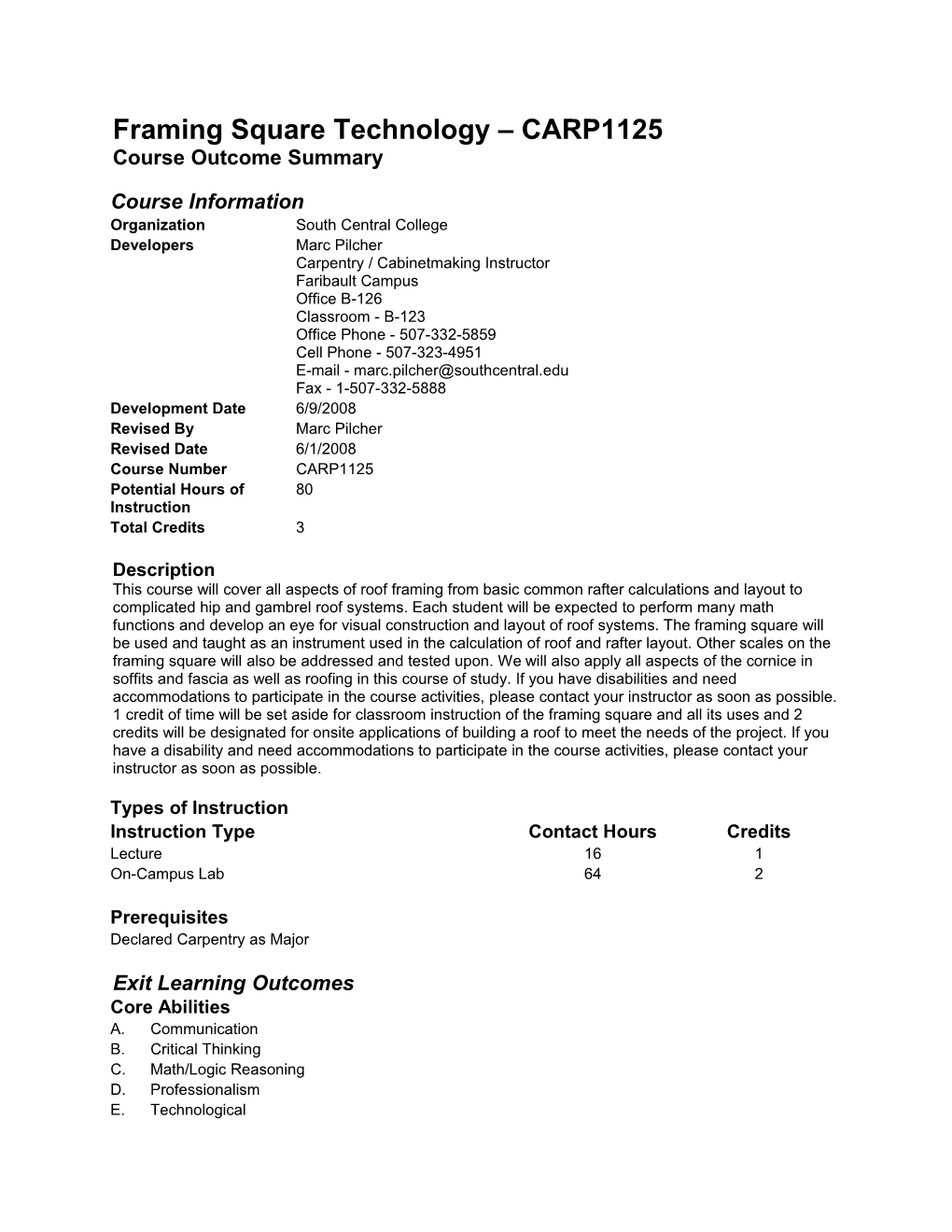 Framing Square Technology CARP1125 Course Outcome Summary