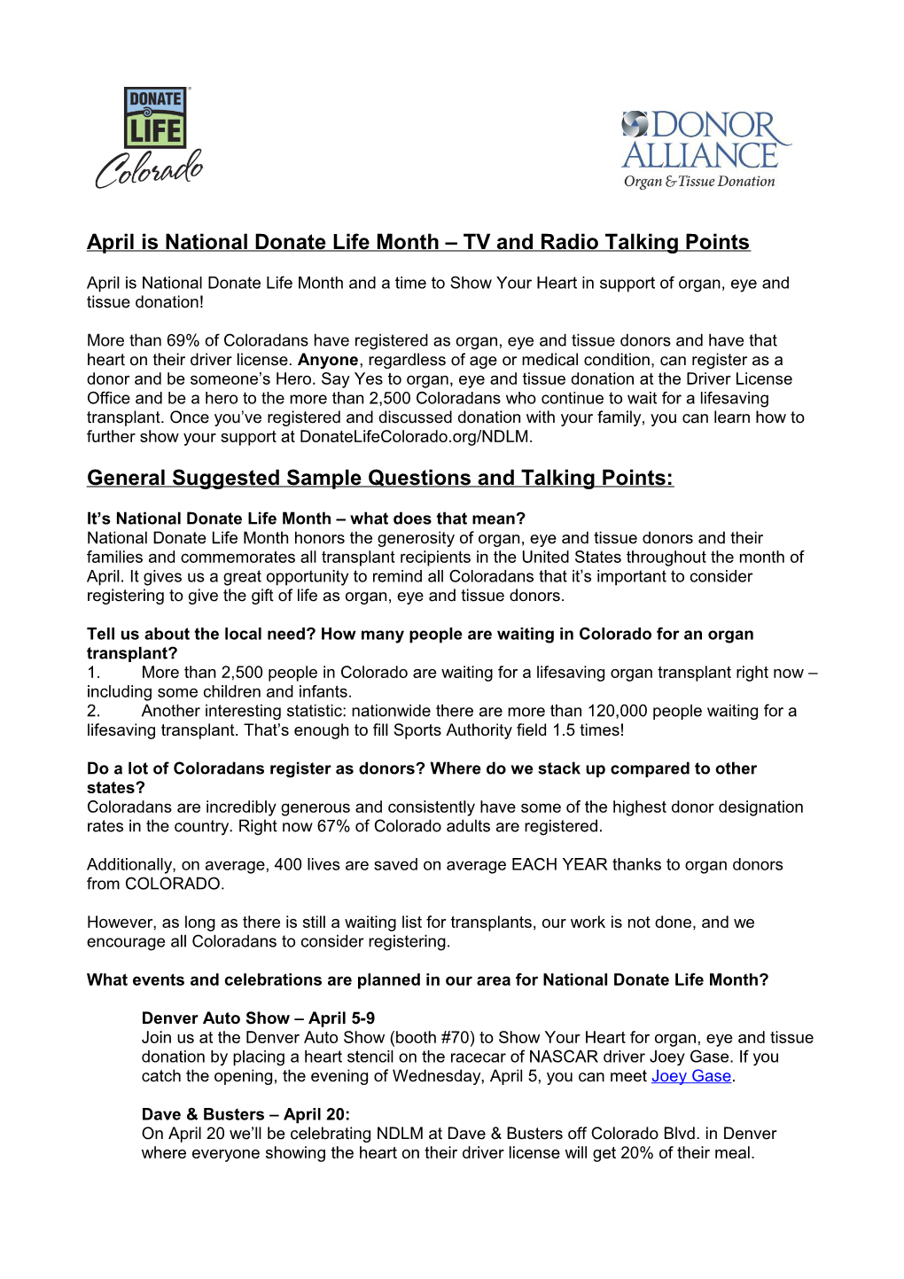 April Is National Donate Life Month TV and Radio Talking Points