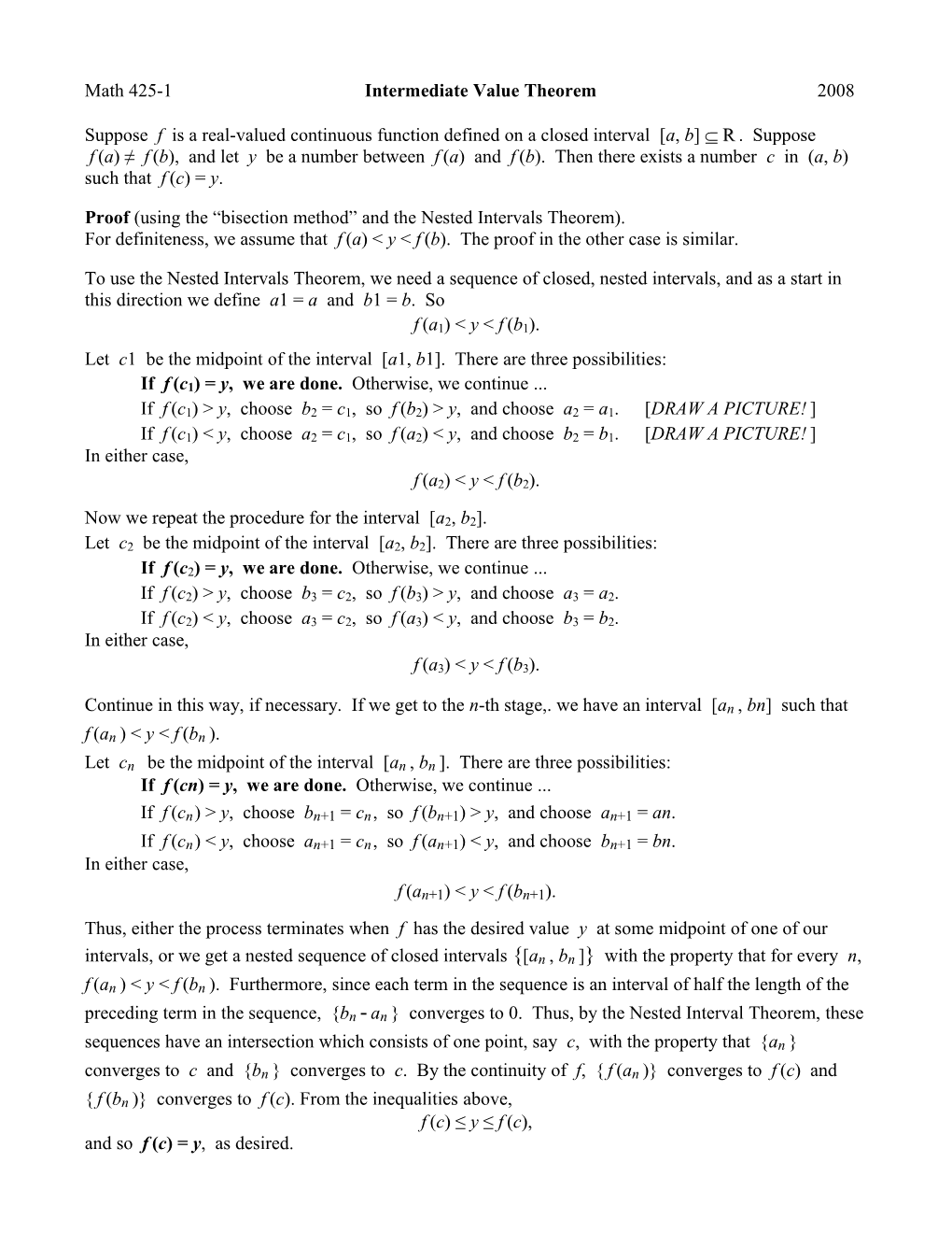 Math 425-1 Intermediate Value Theorem 2008