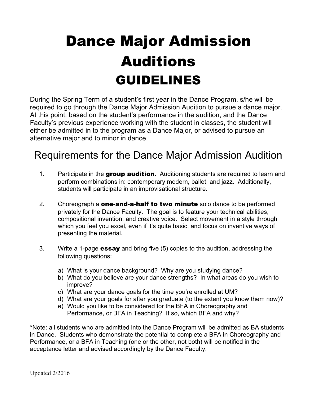 Dance Major Admission Auditions