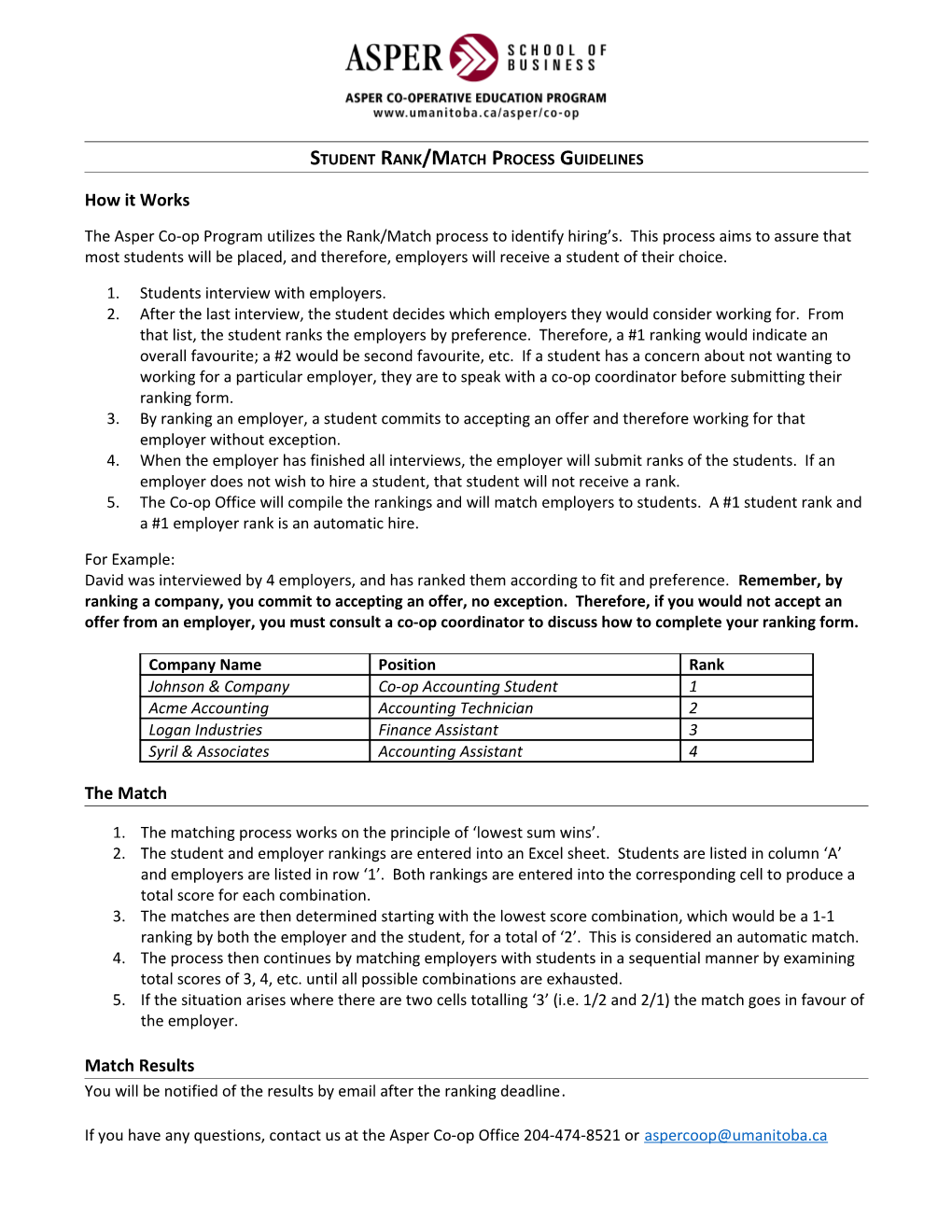 The Asper Co-Op Program Utilizes the Rank/Match Process to Identify Hirings