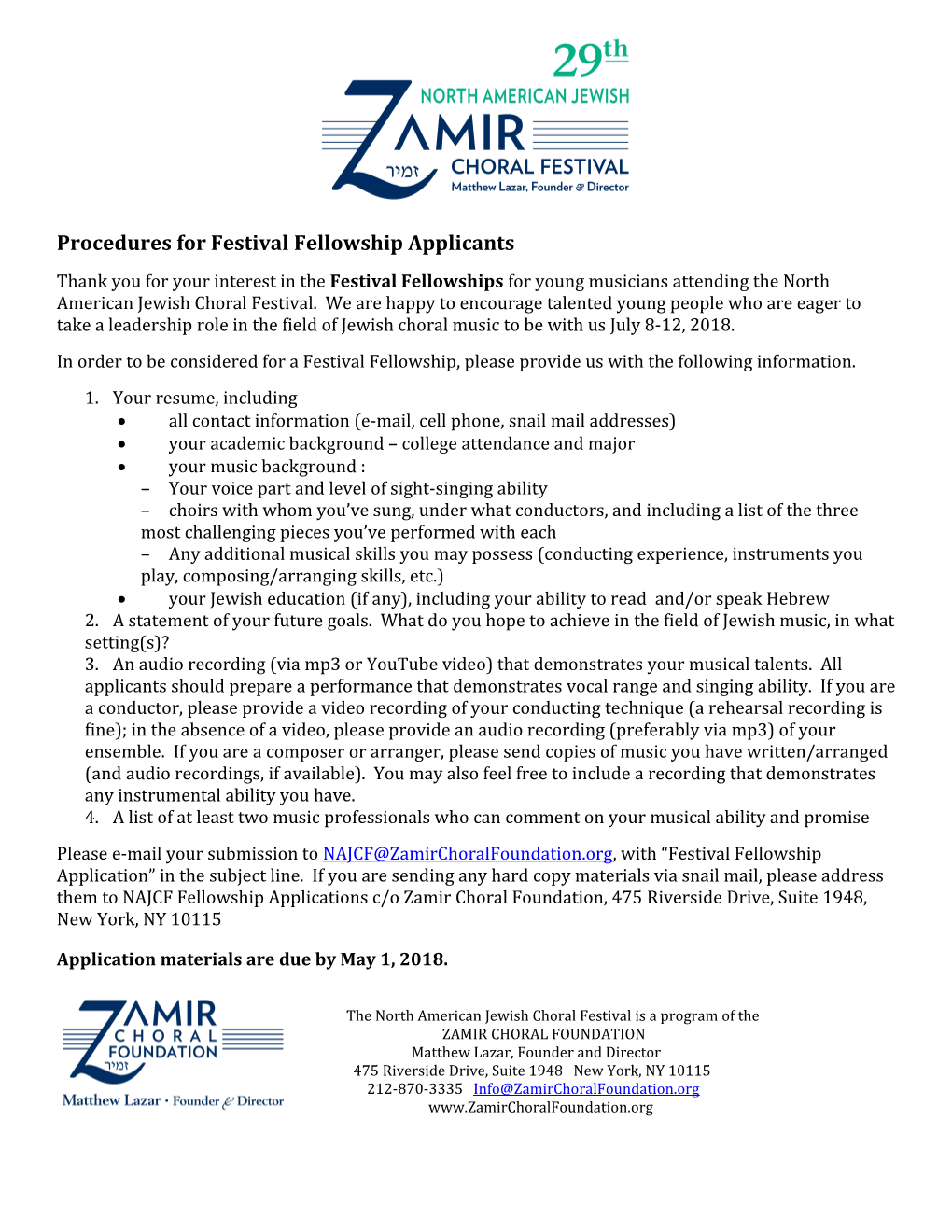Procedures for Festival Fellowship Applicants