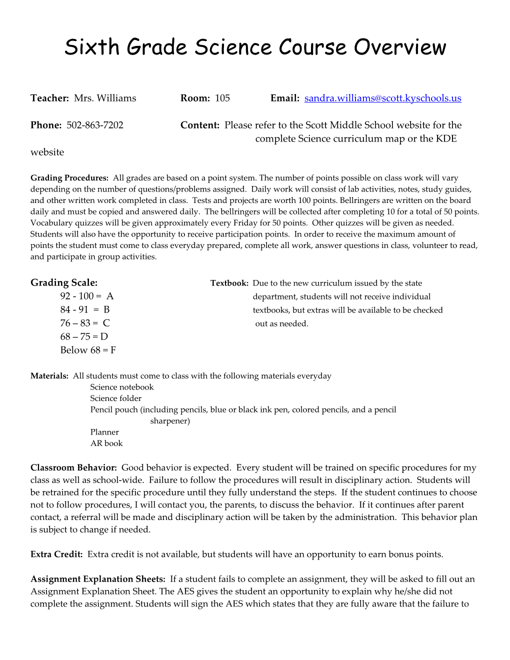 Sixth Grade Science Course Overview