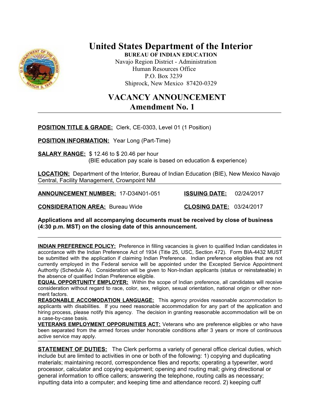 Vacancy Announcement: 17-D34n01-051