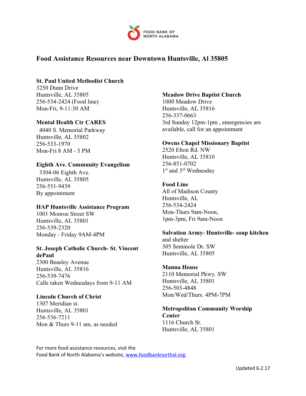 Food Assistance Resources Near Downtown Huntsville, Al 35805