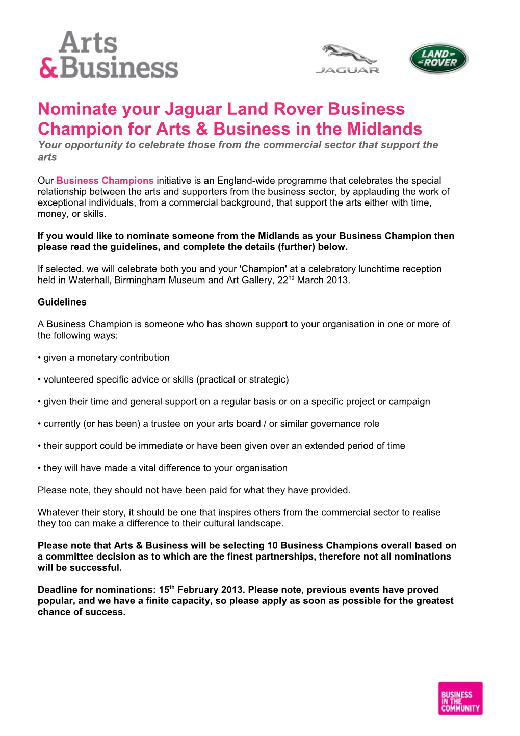 Nominate Your Jaguar Land Rover Business Champion for Arts & Business in the Midlands