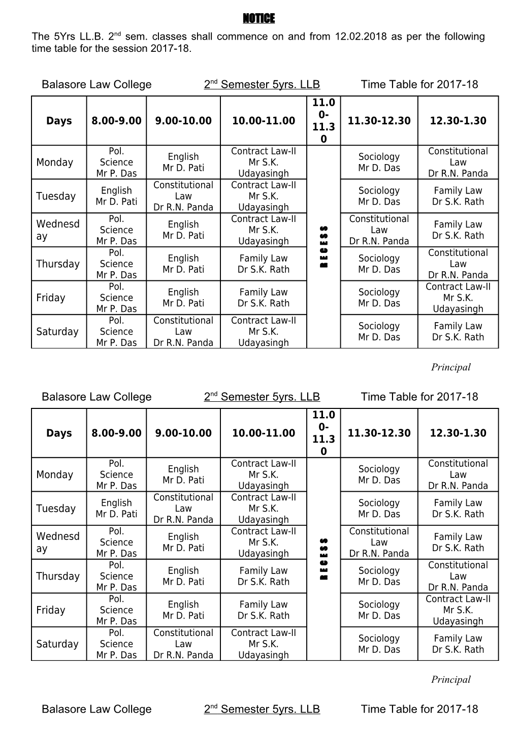 Time Table for 2008-09