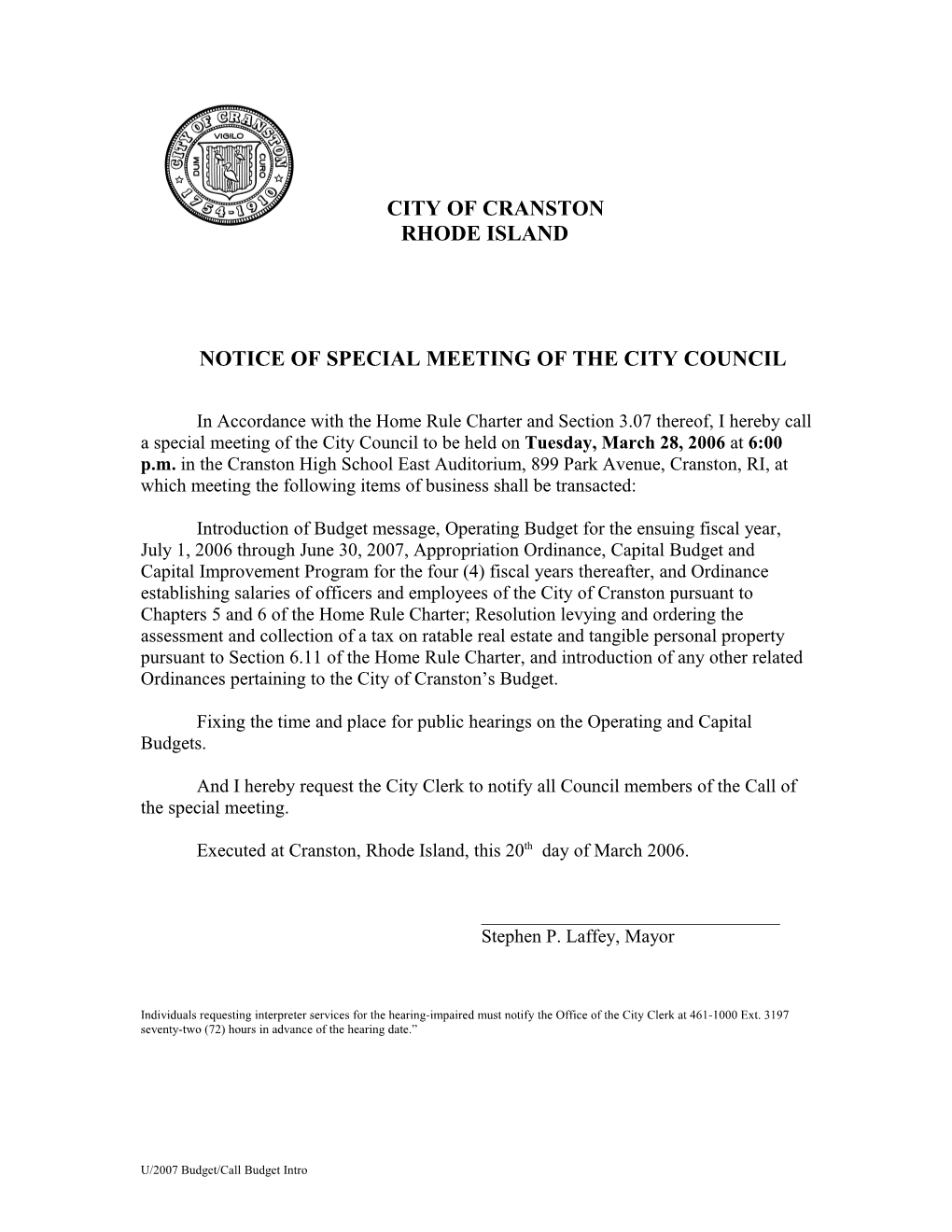 Call of Special Meeting of the City Council