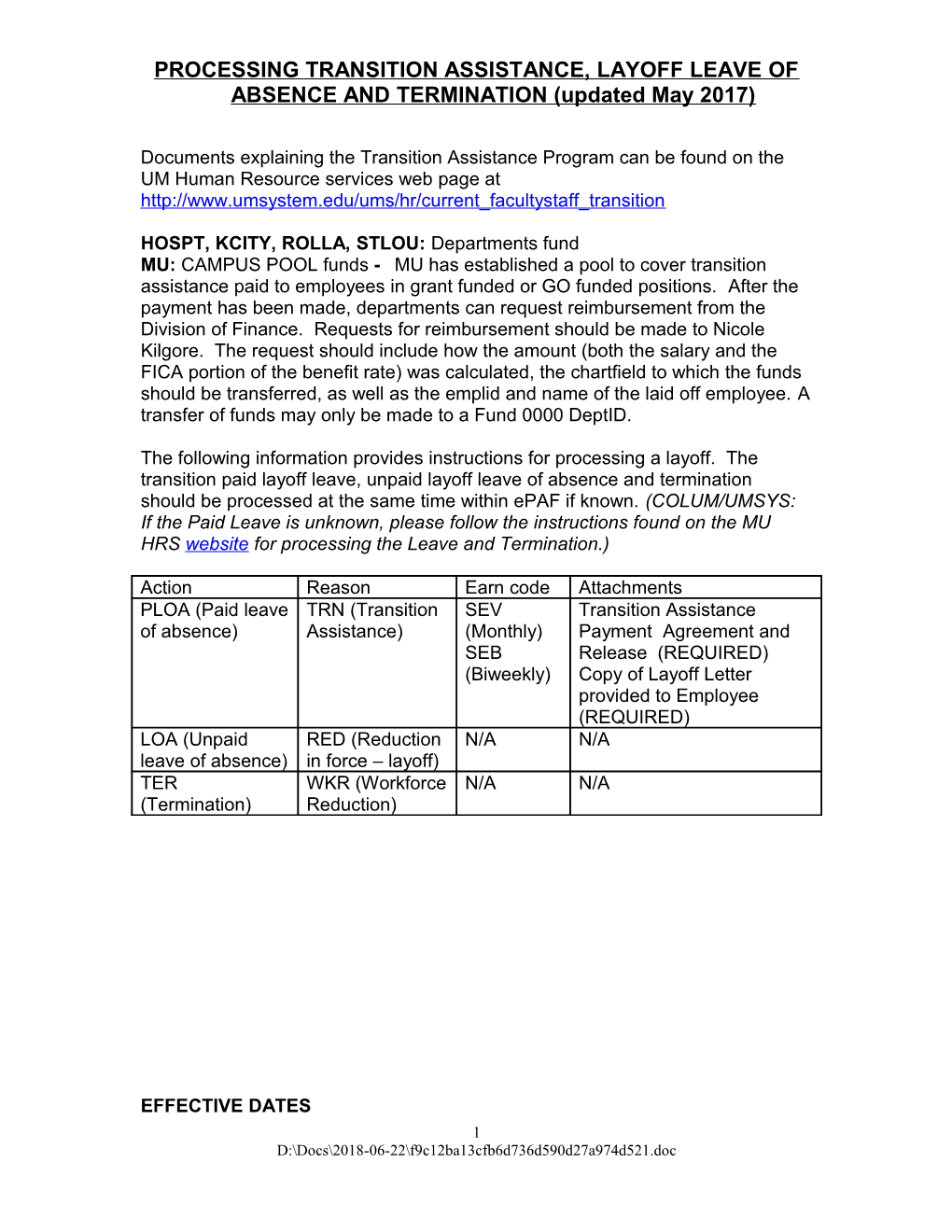 PROCESSING TRANSITION ASSISTANCE, LAYOFF LEAVE of ABSENCE and TERMINATION (Updated May 2017)