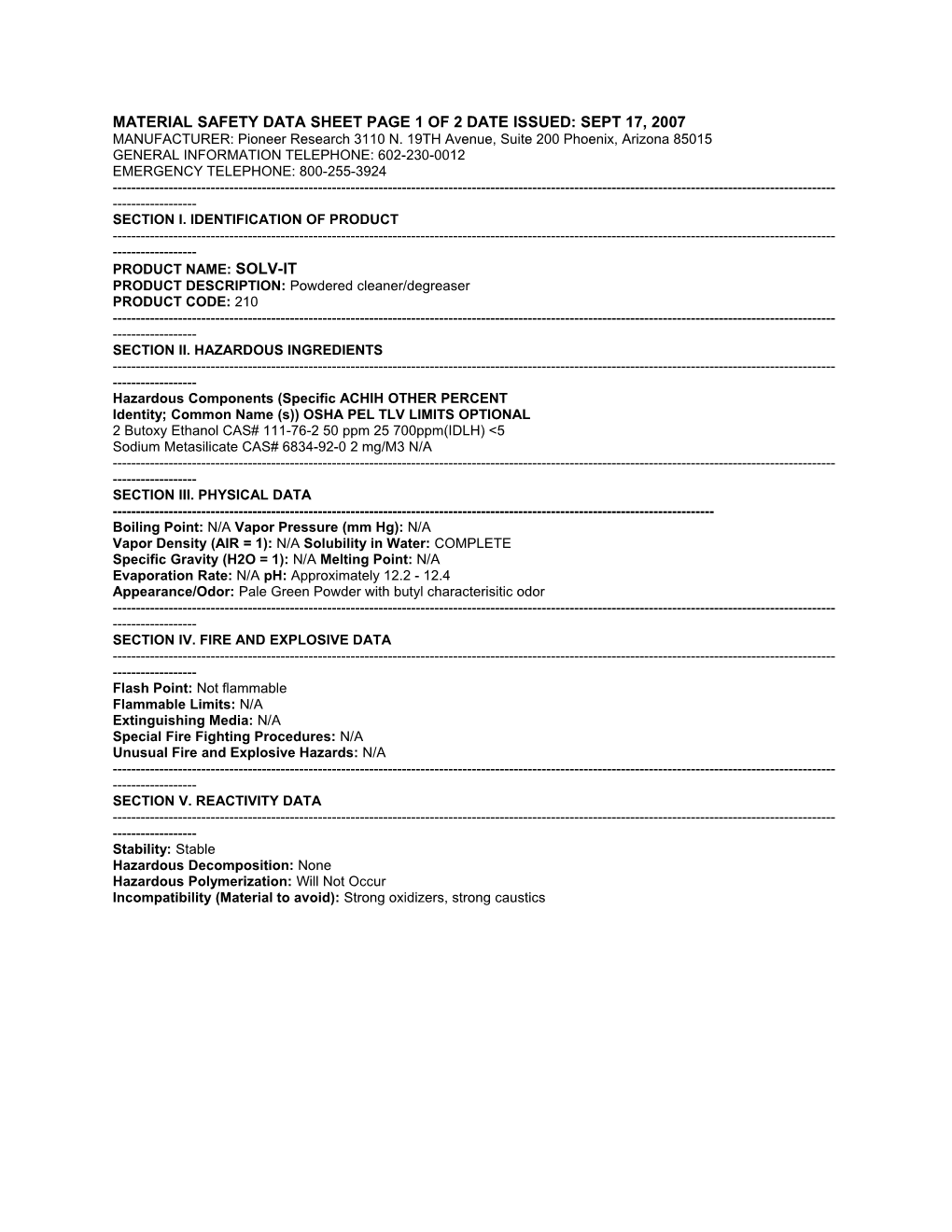Material Safety Data Sheet Page 1 of 2 Date Issued: Sept 17, 2007