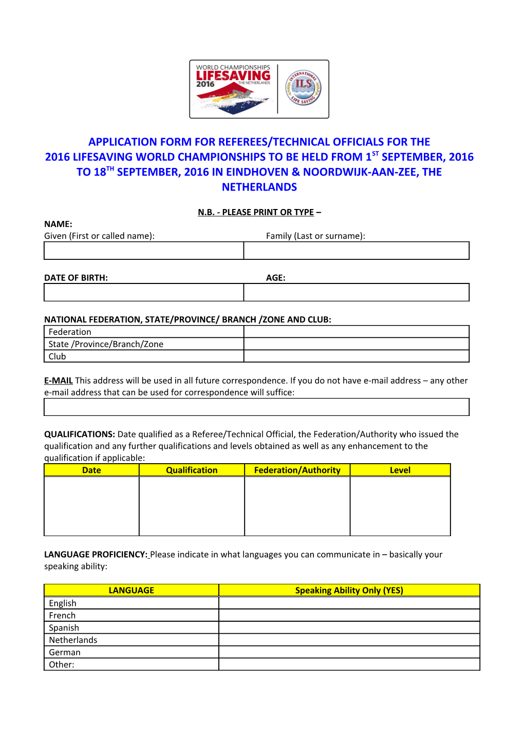 Application Form for Referees/Technical Officials for The