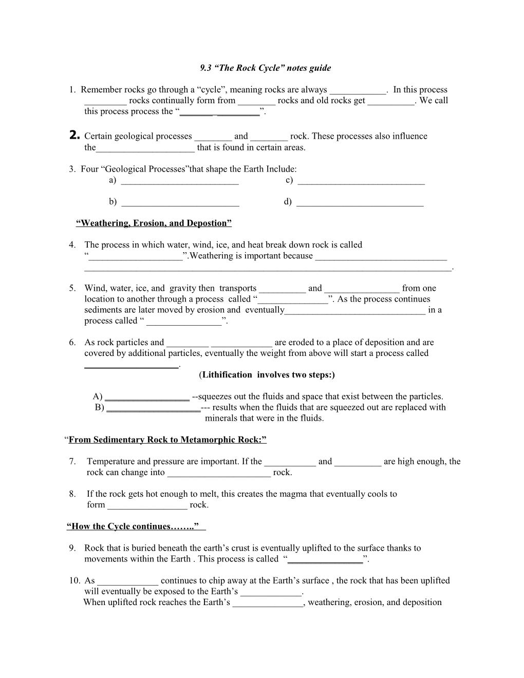 9.3 the Rock Cycle Notes Guide