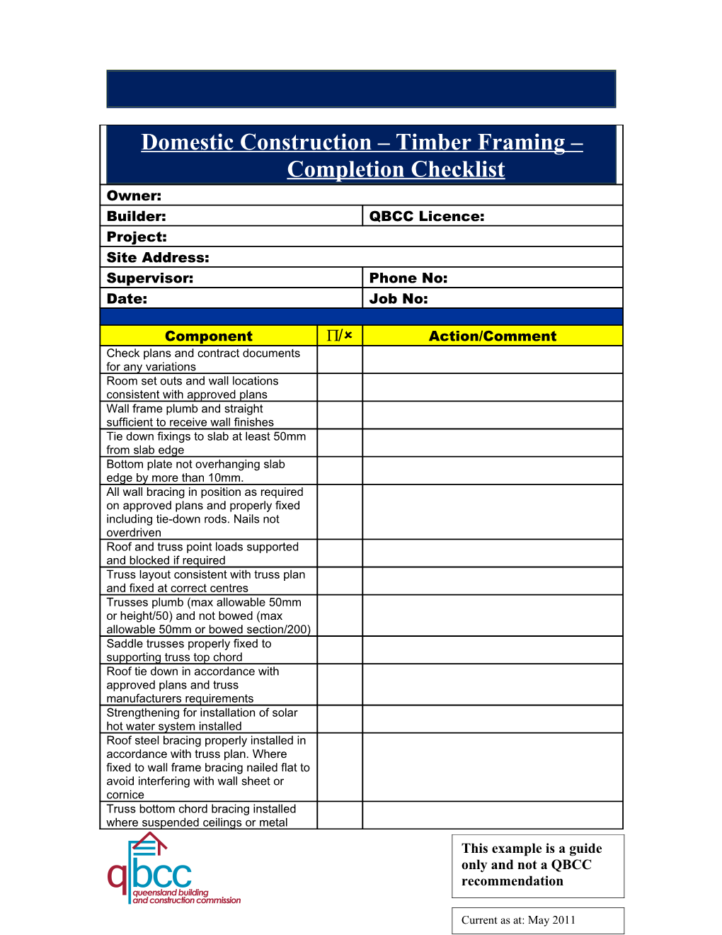 Domestic Construction Timber Framing Completion Checklist