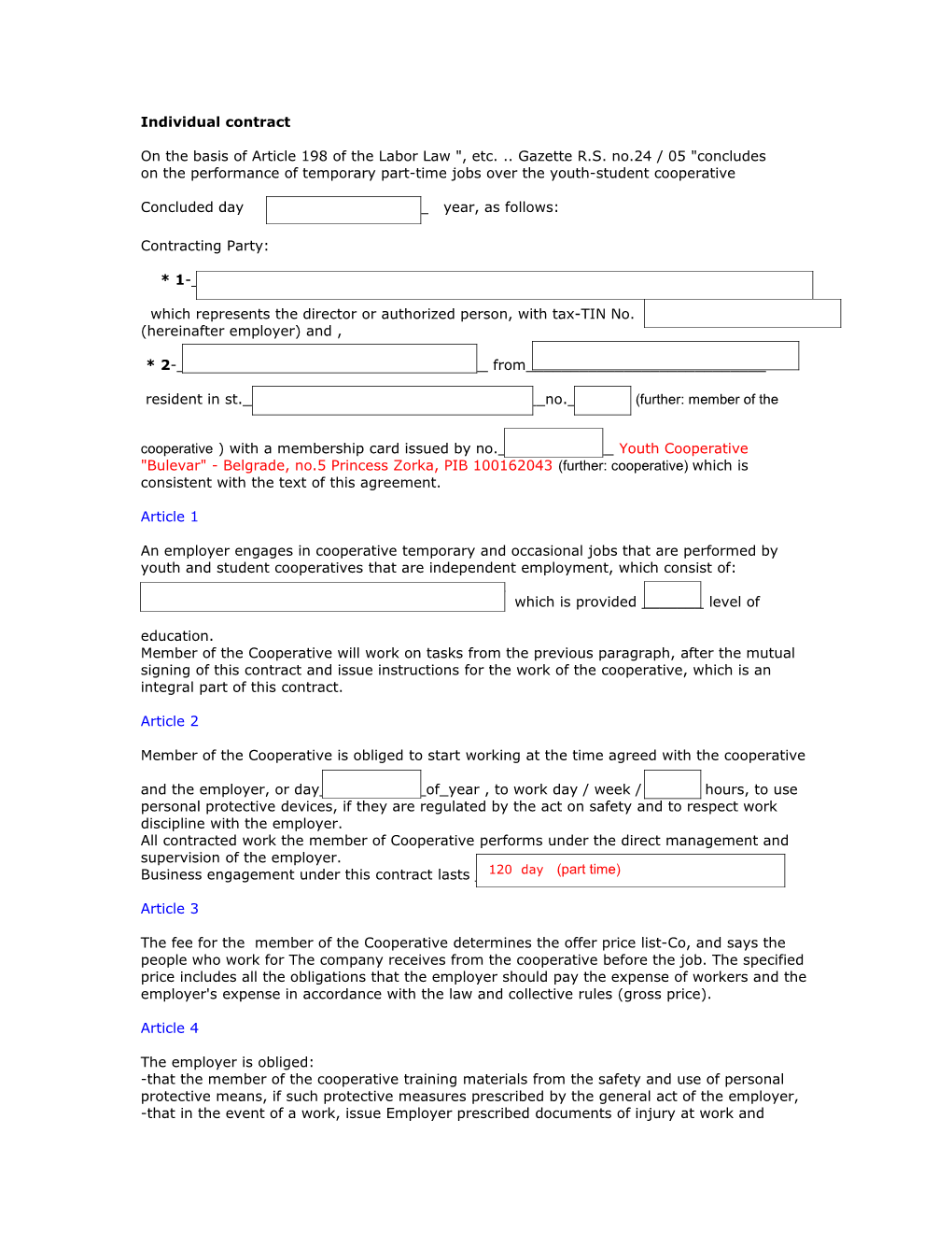 Individual Contract on the Basis of Article 198 of the Labor Law , Etc. Gazette R.S. No.24