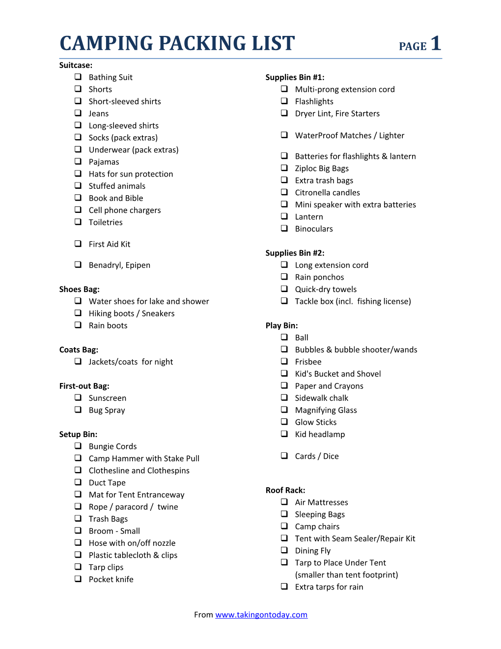 Camping Packing List Page 2