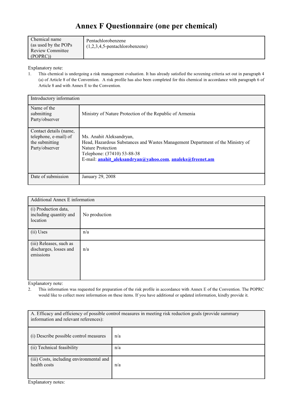 Annex F Questionnaire (One Per Chemical)