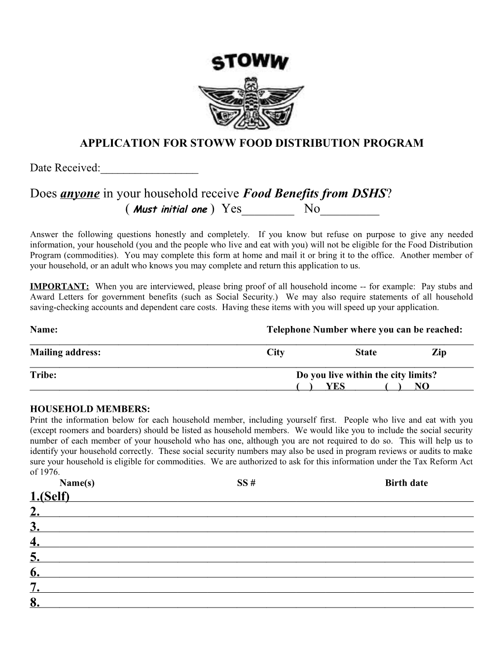Application for Stoww Food Distribution Program