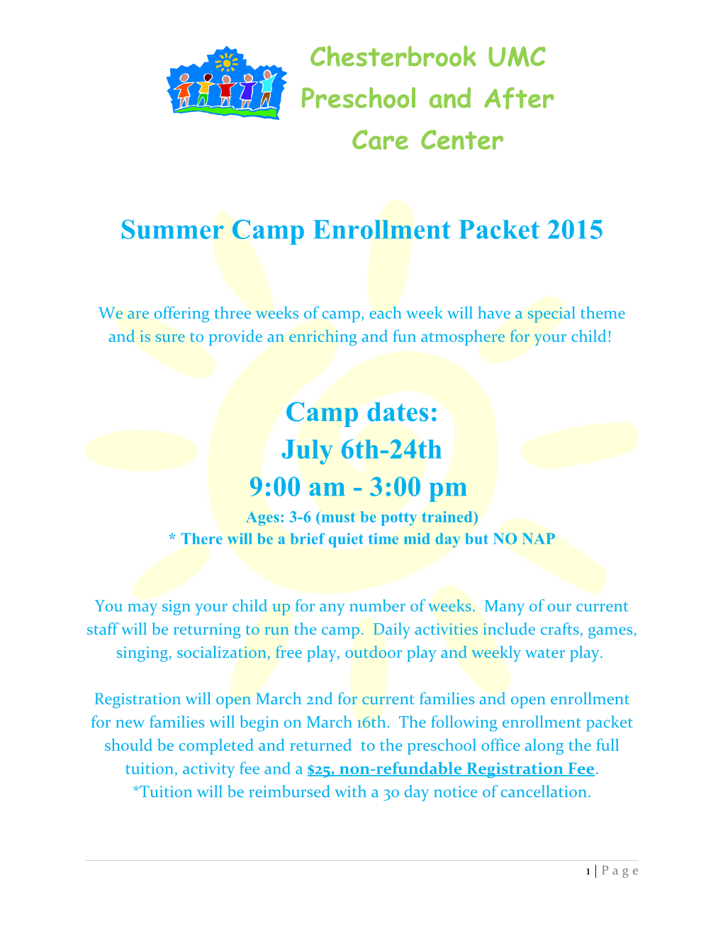 Summer Camp Enrollment Packet 2015