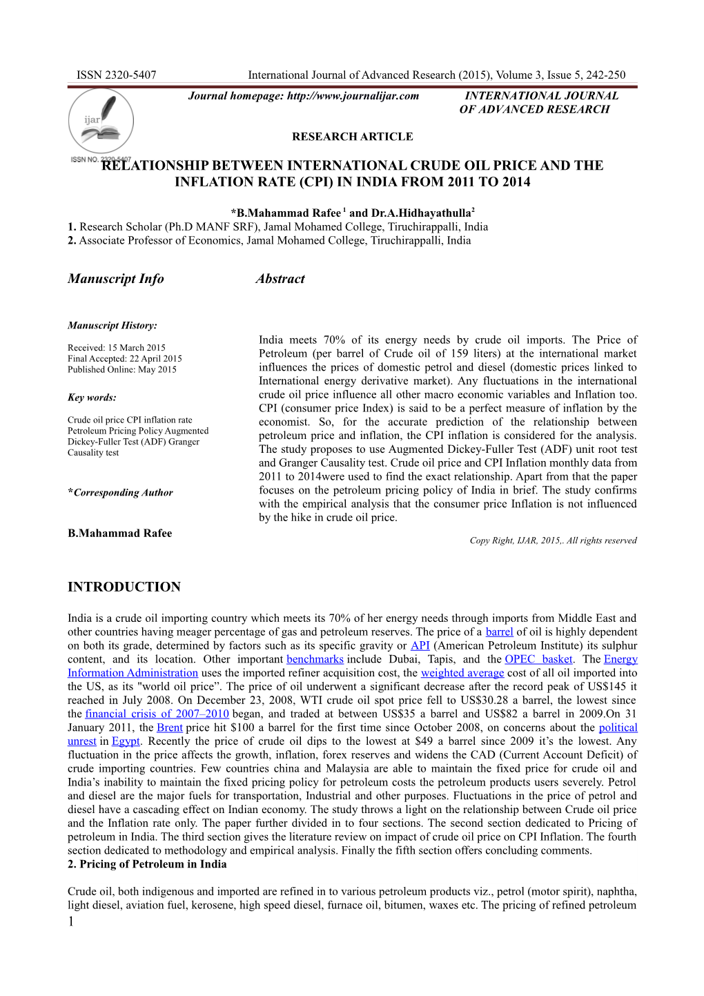 ISSN 2320-5407 International Journal of Advanced Research (2015), Volume 3, Issue 5, 242-250