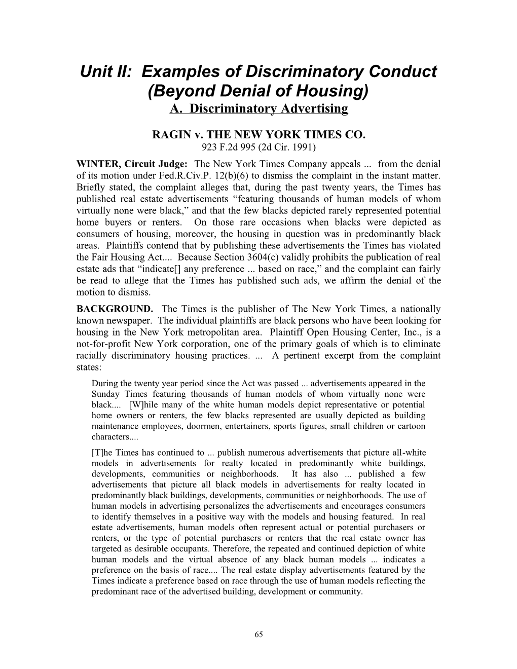 Unit II: Examples of Discriminatory Conduct (Beyond Denial of Housing)