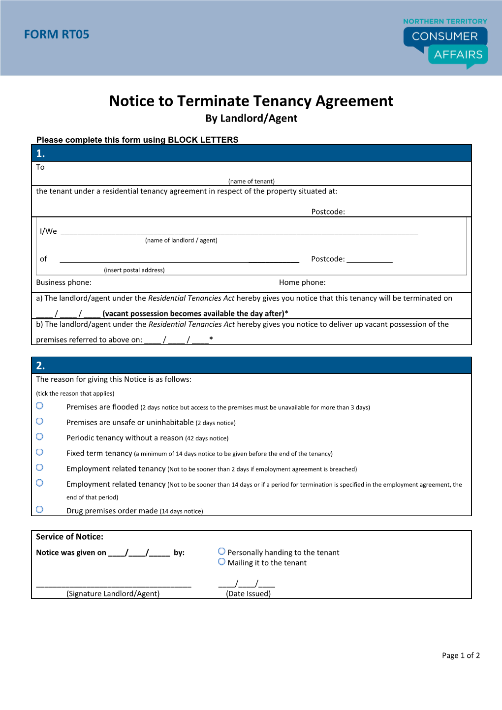 Notice to Terminate Tenancy Agreement