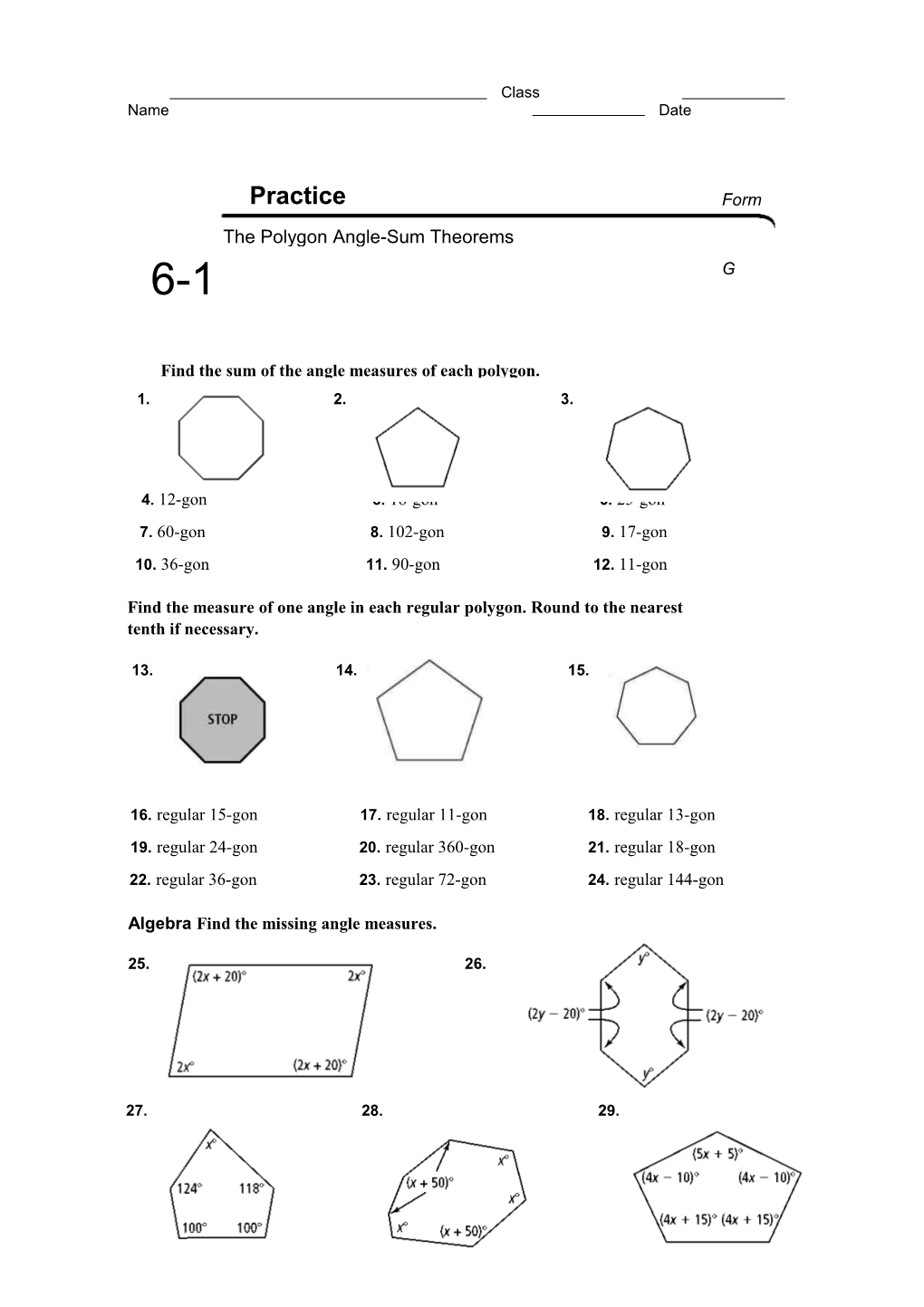 Find the Sum of the Angle Measures of Each Polygon