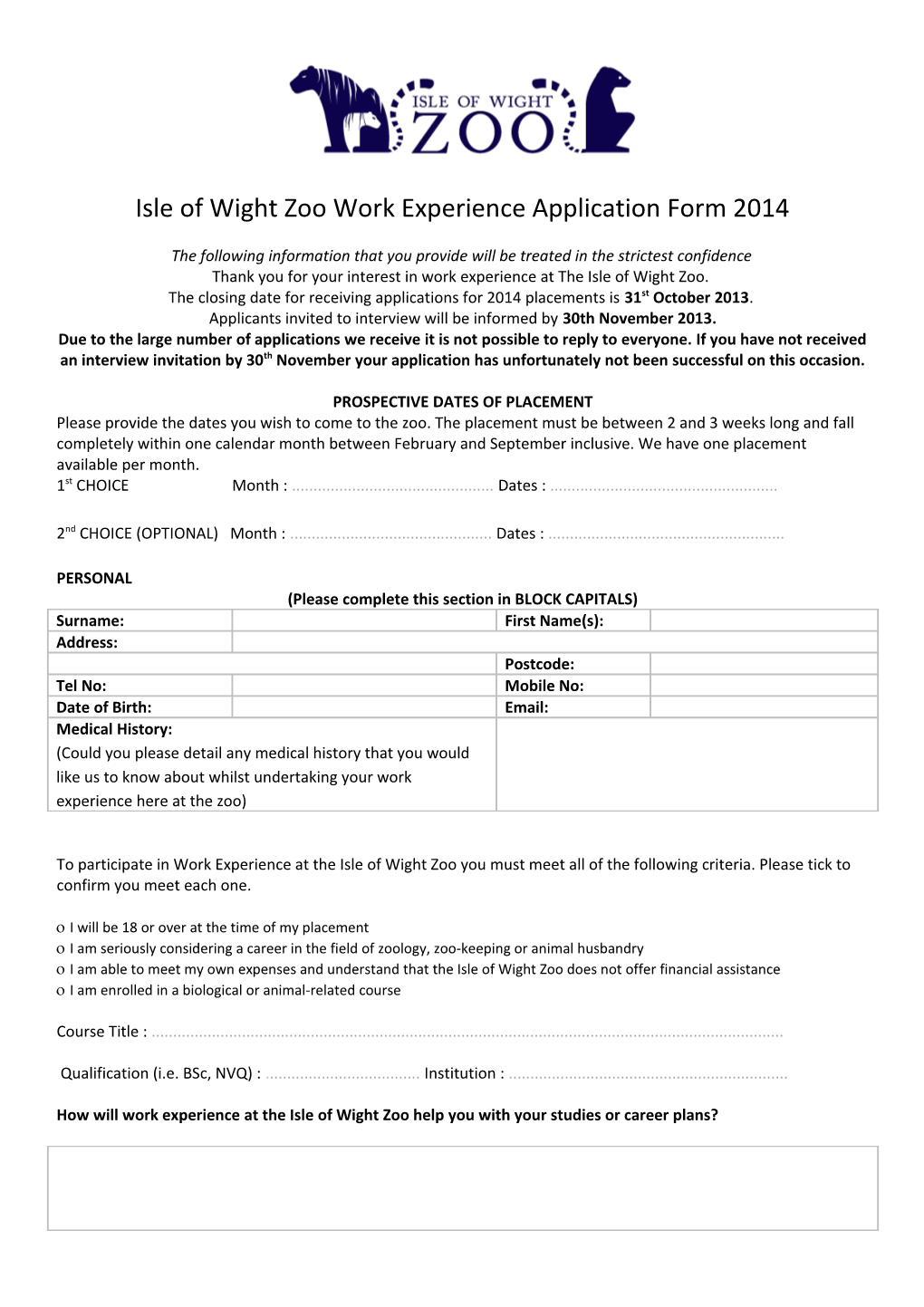 Isle of Wight Zoo Work Experience Application Form 2014