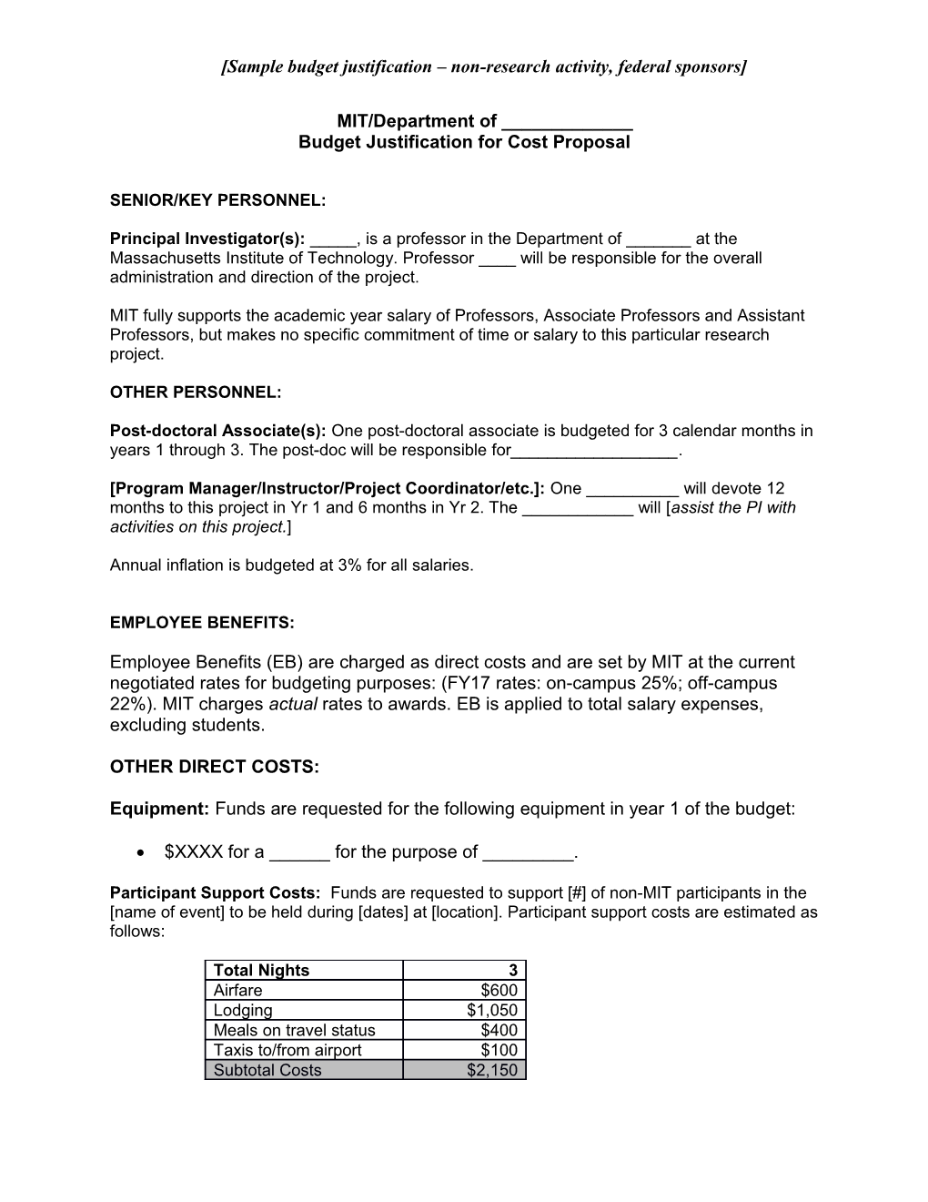 Sample Budget Justification Non-Research Activity, Federal Sponsors