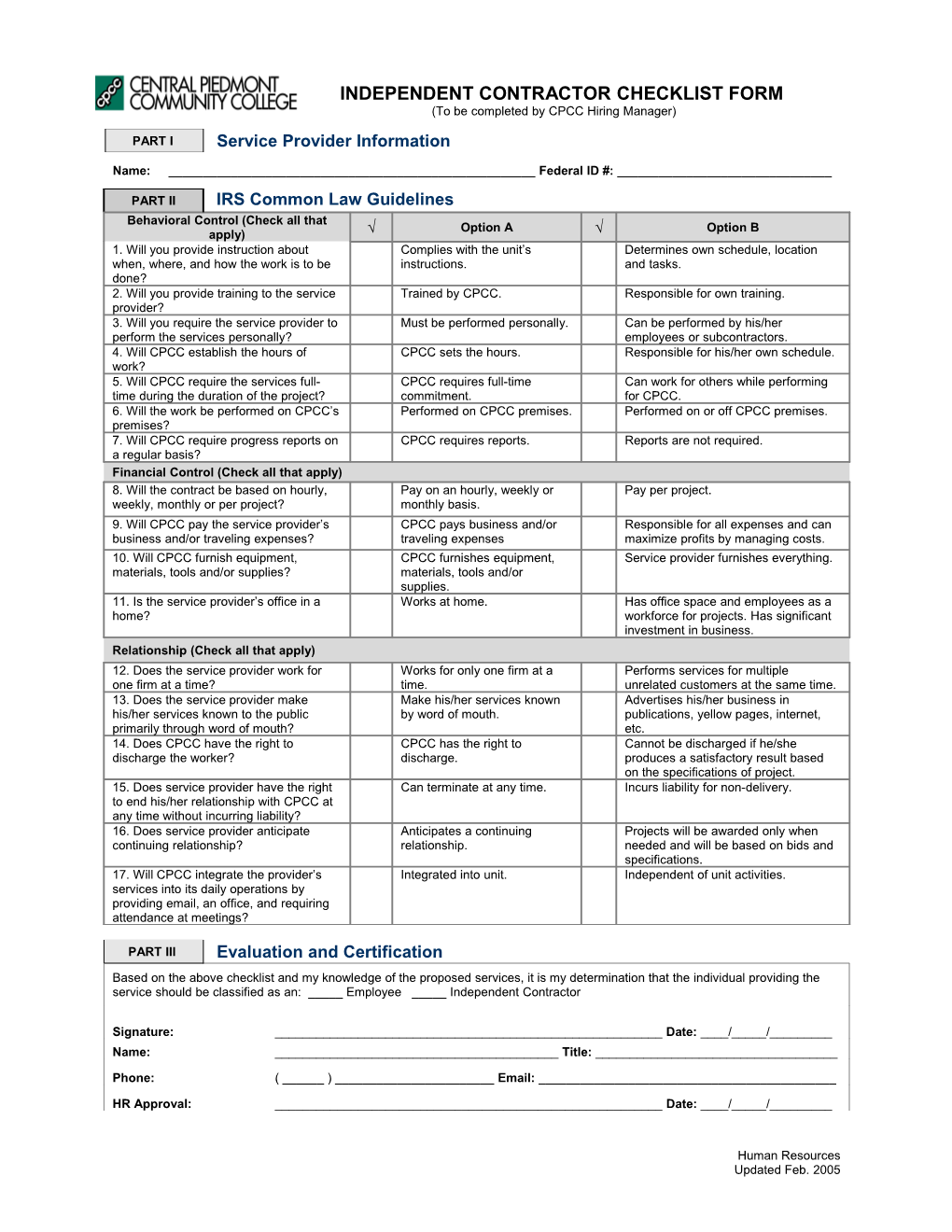 Independent Contractor Checklist Form