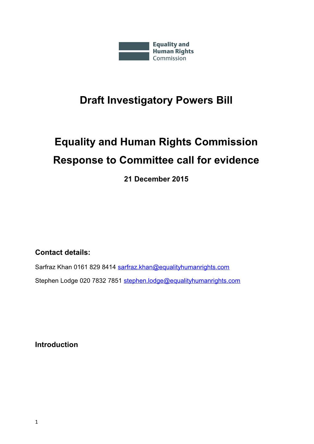 Equality and Human Rights Commission Response to Committee Call for Evidence