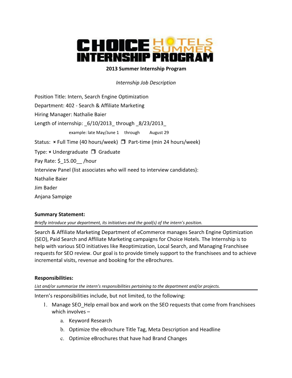 2008 Summer Internship Program