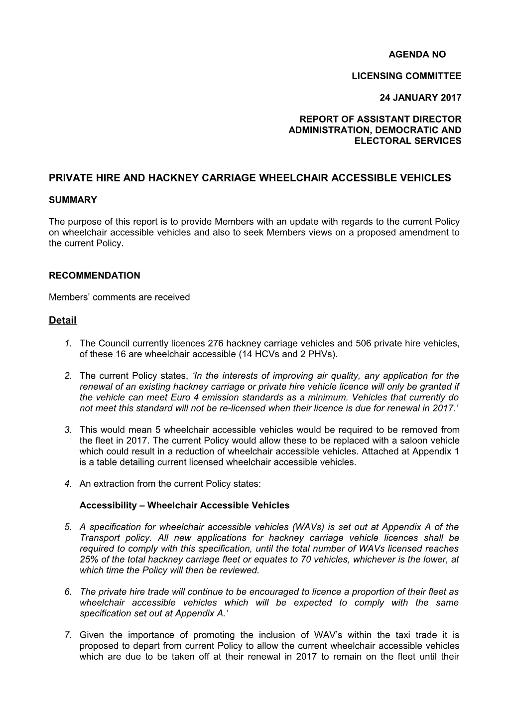 Report of Assistant Director Administration, Democratic and Electoral Services