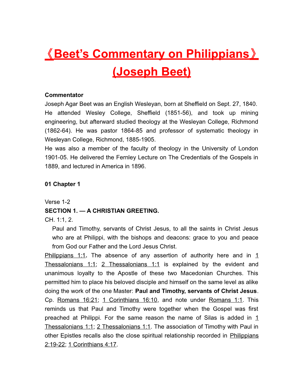 Beet S Commentary on Philippians (Joseph Beet)