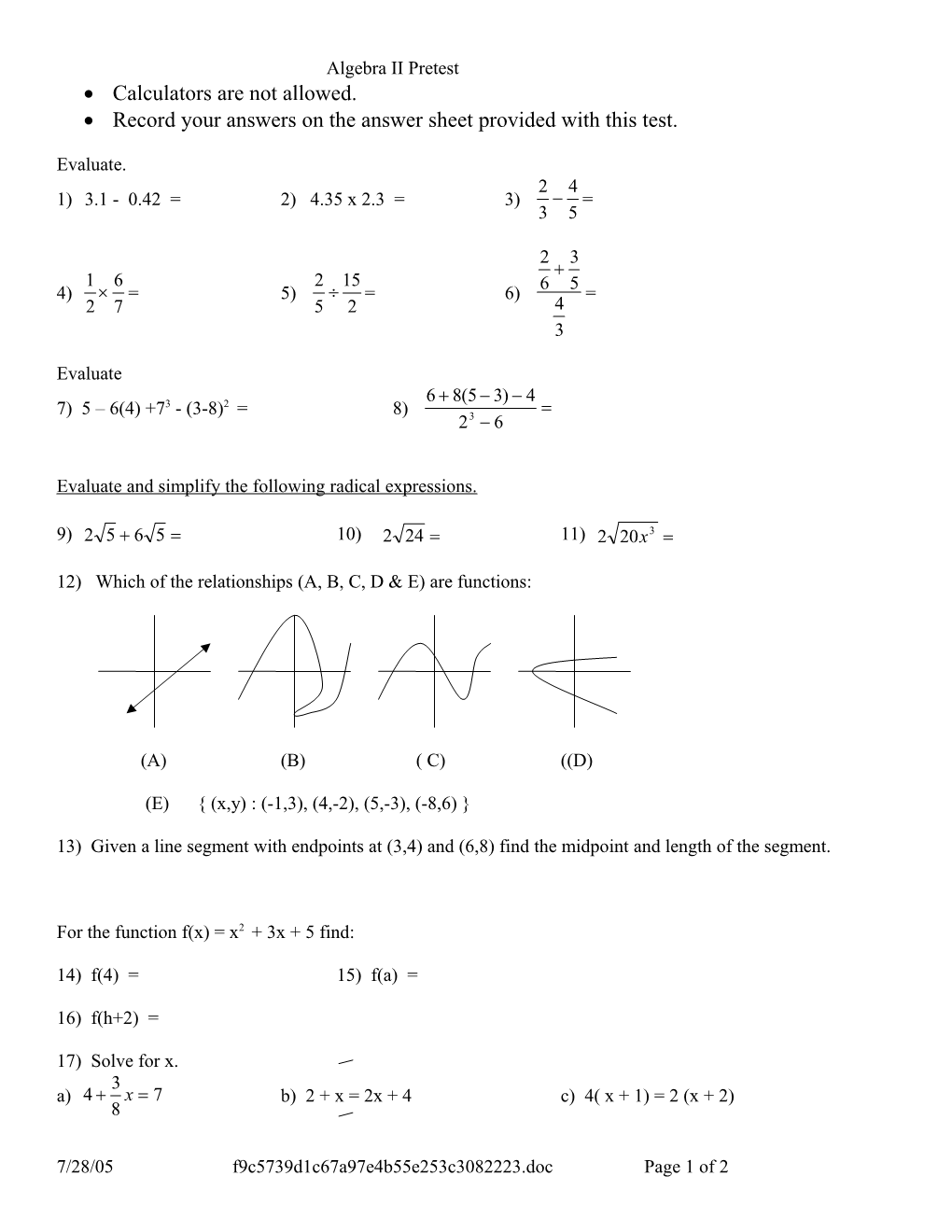 Algebra II Pretest