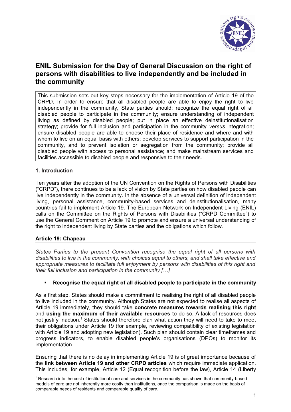 ENIL Submission for the Day of General Discussion on the Right of Persons with Disabilities