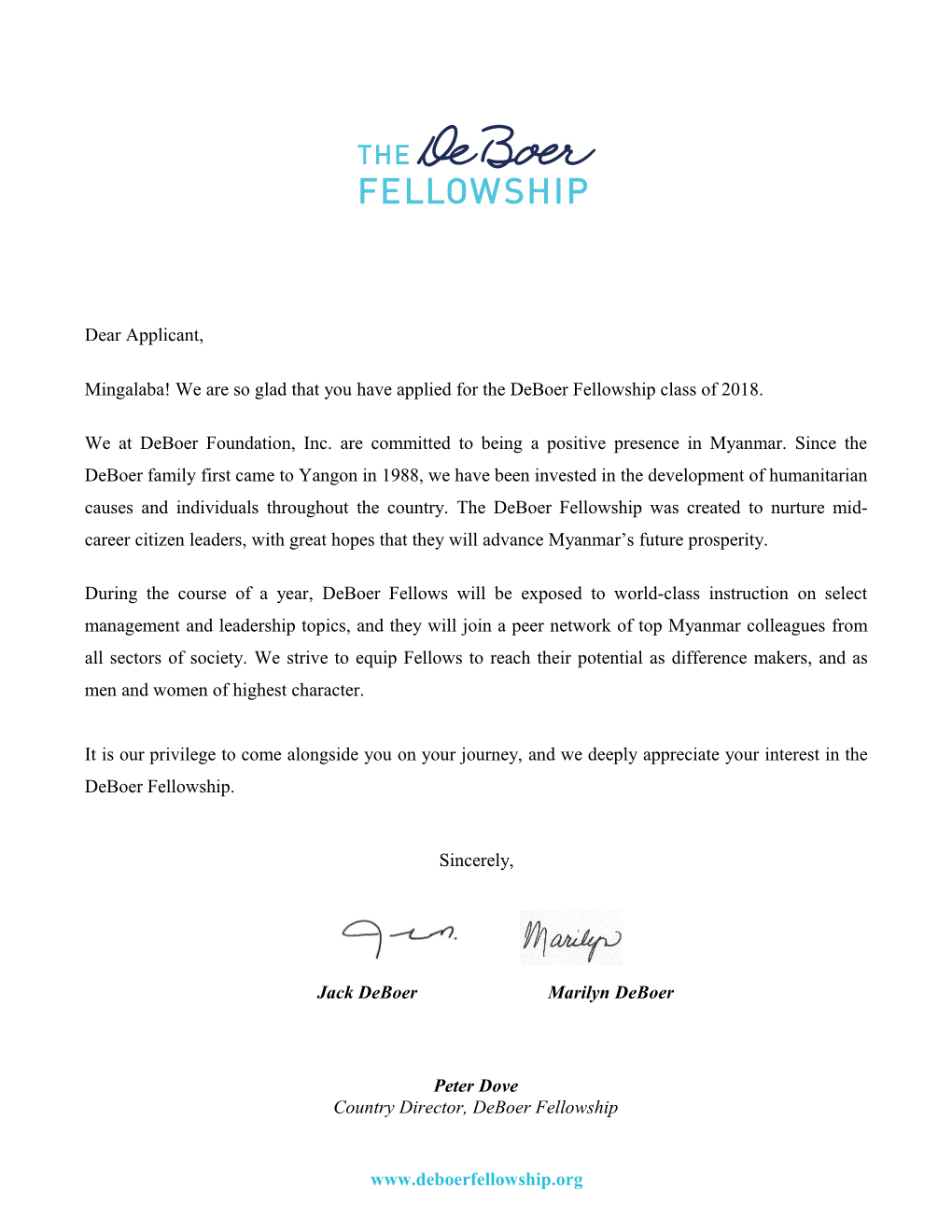 Mingalaba! We Are So Glad That You Have Applied for the Deboer Fellowship Class of 2018