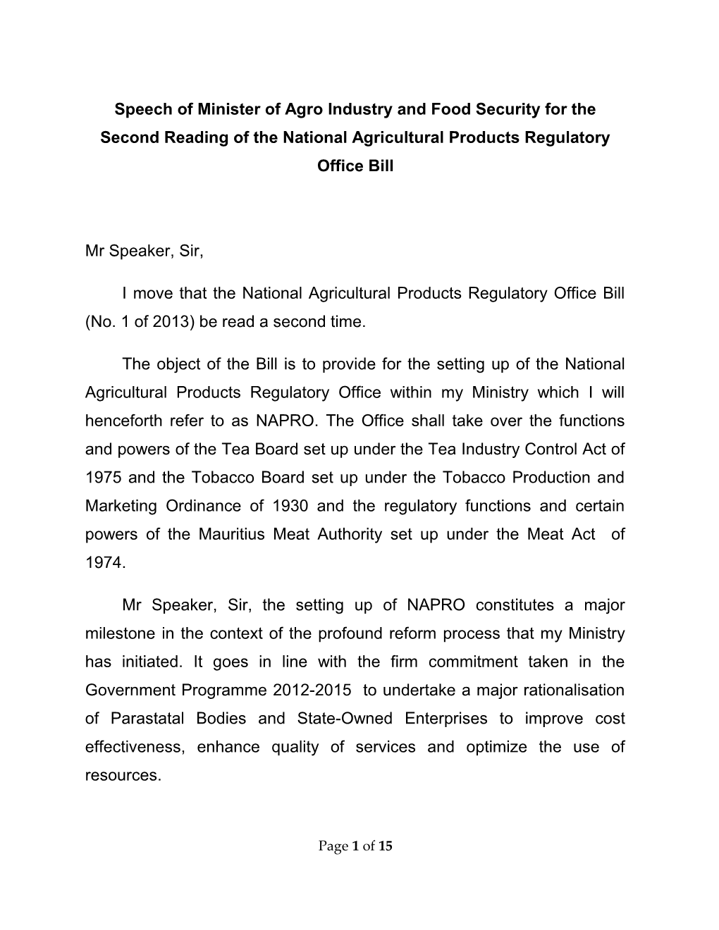 Speech of Minister of Agro Industry and Food Security for the Second Reading of the National