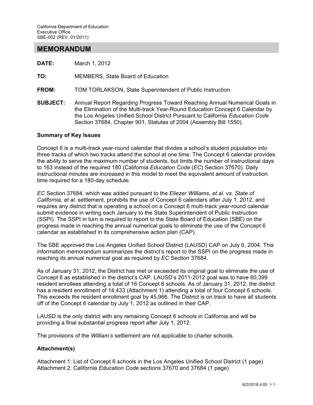 April 2012 Memorandum SFTSD Item 1 - Information Memorandum (CA State Board of Education)