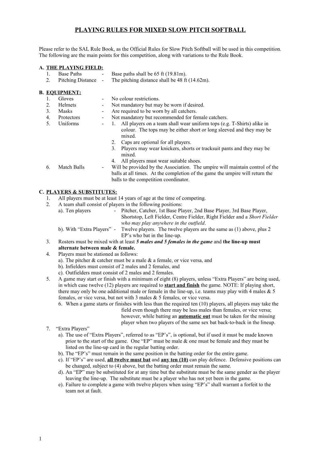 Playing Rules for Mixed Slow Pitch Softball