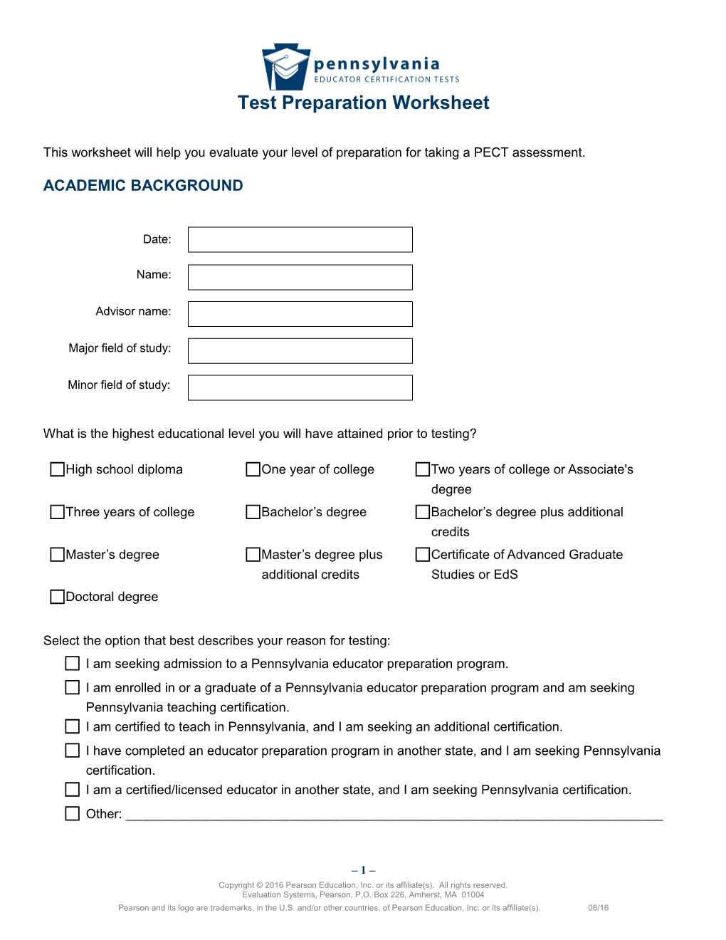 This Worksheet Will Help You Evaluate Your Level of Preparation for Taking a PECT Assessment