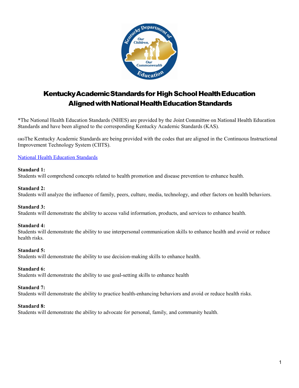 Kentucky Academic Standards for High School Health Education