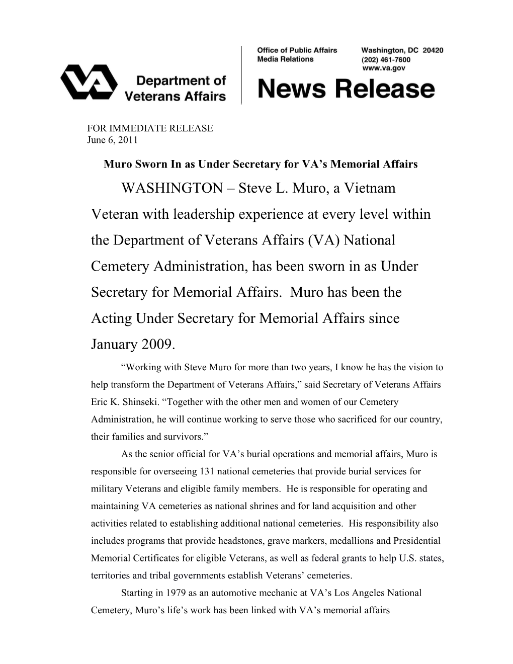 Muro Sworn in As Under Secretary for VA S Memorial Affairs