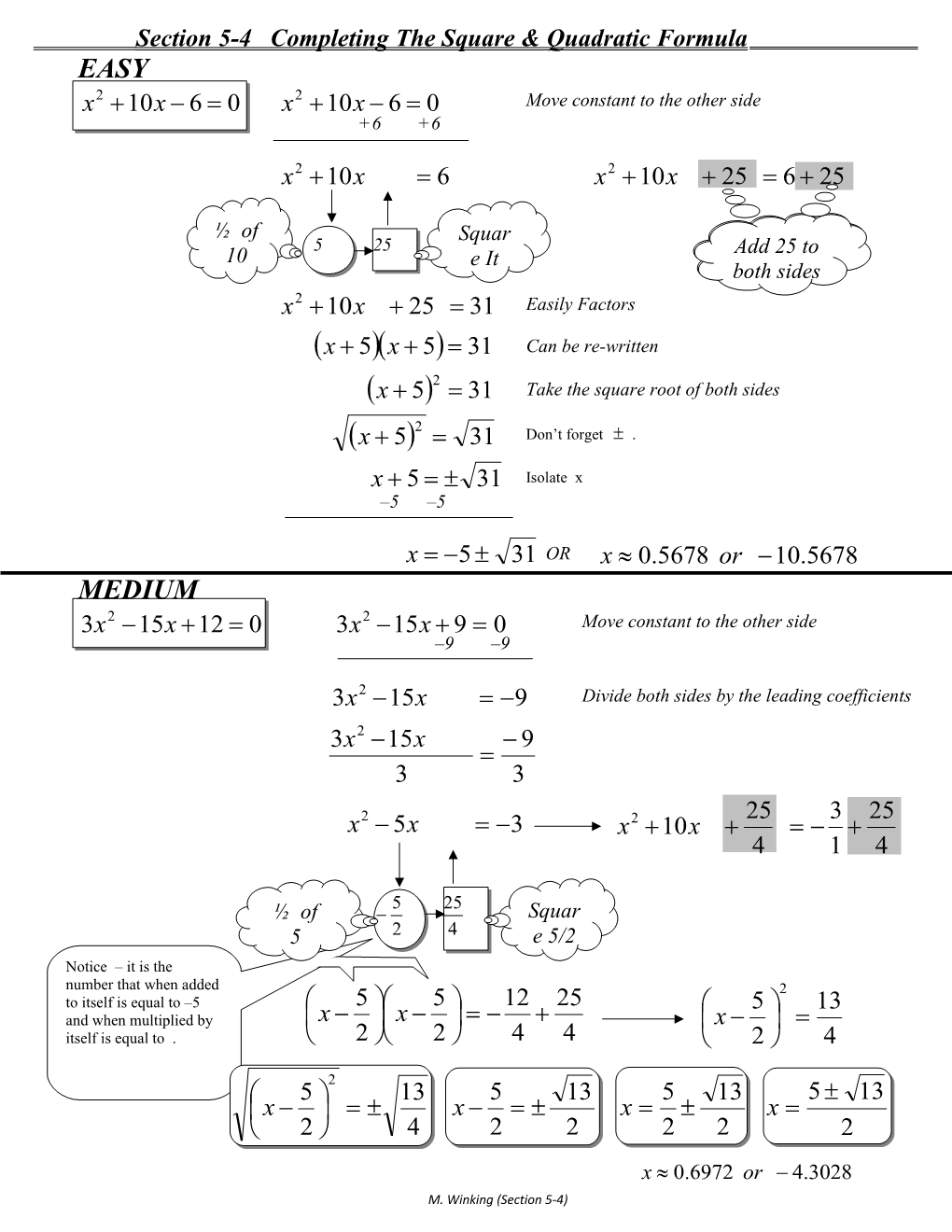 Section 5-4 Completing the Square & Quadratic Formula