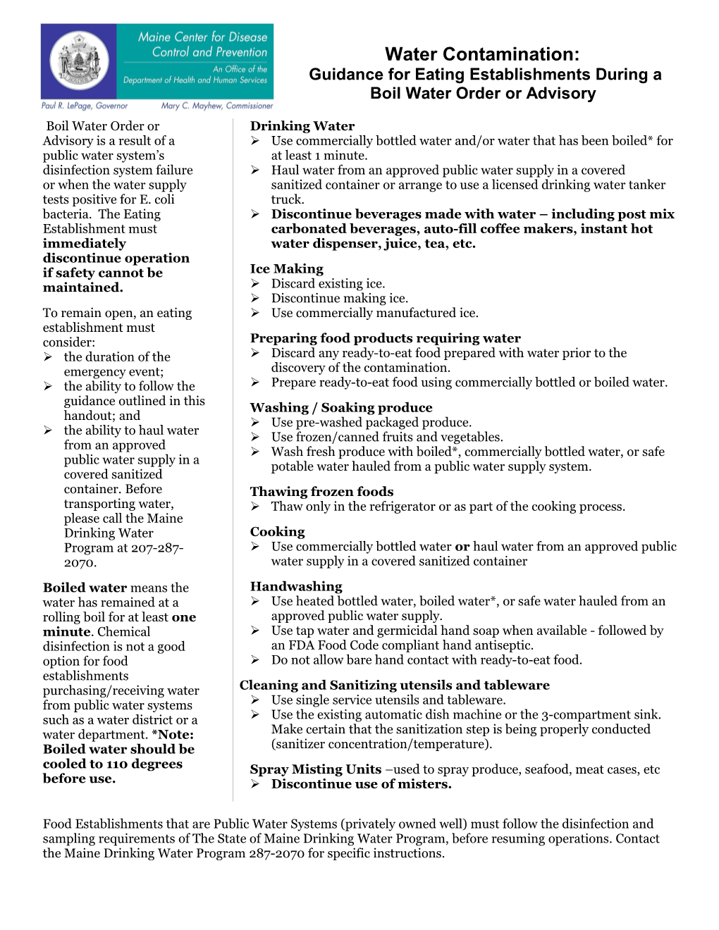 Guidence for Eating Establishments When the Water Supply Is Contaminated (Biological)